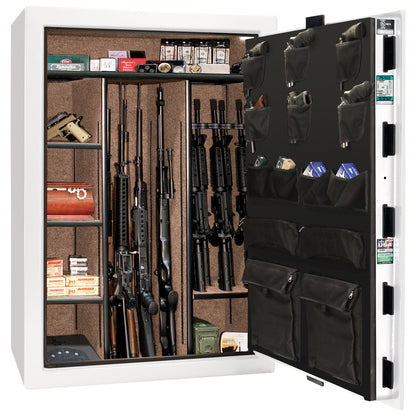 Colonial Series | Level 4 Security | 75 Minute Fire Protection | 35 | DIMENSIONS: 60.5"(H) X 42”(W) X 22"(D*) | White Gloss Black Chrome | Mechanical Lock - open