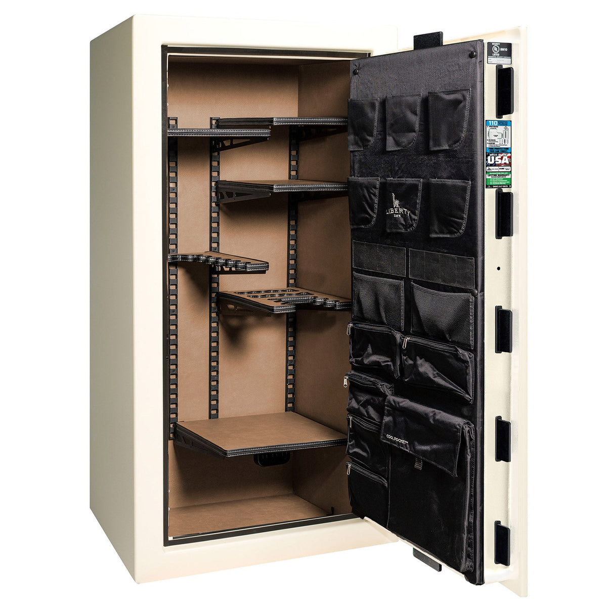 Franklin Series | Level 5 Security | 110 Minute Fire Protection | 29 | DIMENSIONS: 60.5&quot;(H) X 30&quot;(W) X 27.5&quot;(D*) | White Gloss Black Chrome | ProFlex Modular Shelving – Open Door Empty